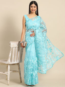 Akhilam - Womens Organza Turquoise Embroidered Designer Saree with Unstitched Blouse