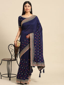 Akhilam - Womens Silk Blend Navy Blue Embellished Designer Saree with Unstitched Blouse