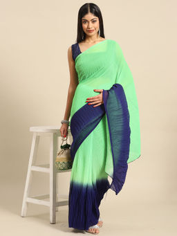 Akhilam - Womens Pure Crepe Green Solid Designer Saree with Unstitched Blouse