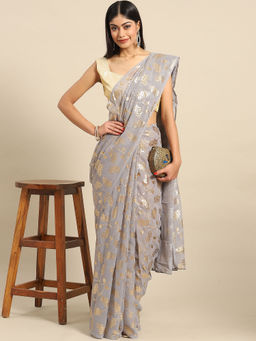 Akhilam - Womens Georgette Printed Grey Woven Design Celebrity Saree with Unstitched Blouse