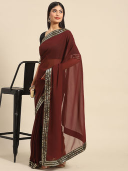 Akhilam - Womens Georgette Brown Embellished Celebrity Saree with Unstitched Blouse