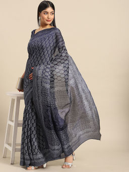 Akhilam - Womens Bhagalpuri Silk Navy Blue Printed Celebrity Saree with Unstitched Blouse