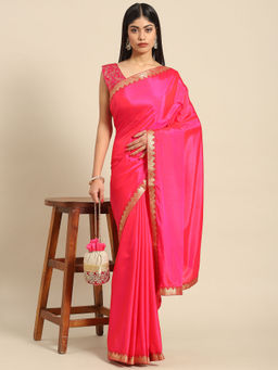 Akhilam - Womens Silk Blend Pink Solid Designer Saree with Unstitched Blouse