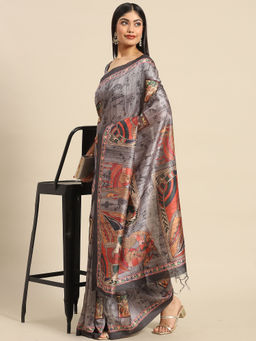 Akhilam - Womens Manipuri Silk Charcoal Grey Printed Designer Saree with Unstitched Blouse