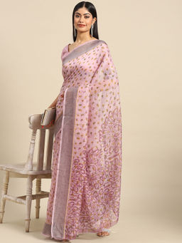 Akhilam - Womens Linen Lavender Printed Celebrity Saree with Unstitched Blouse