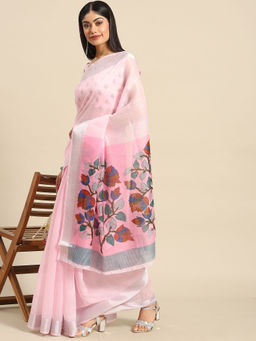 Akhilam - Womens Linen Pink Printed Designer Saree with Unstitched Blouse