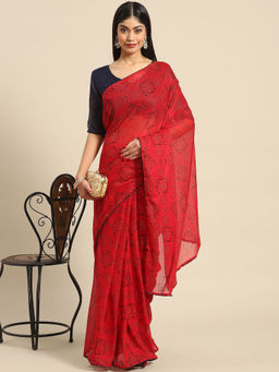 Akhilam - Womens Lycra Blend Red Printed Celebrity Saree with Unstitched Blouse