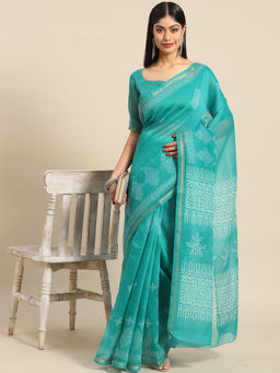 Akhilam - Womens Cotton Blend Sea Green Printed Celebrity Saree with Unstitched Blouse