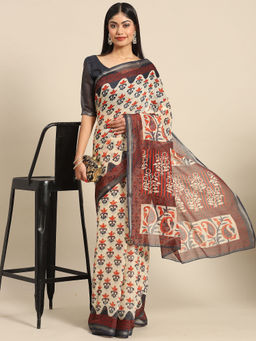 Akhilam - Womens Cotton Blend Beige Printed Celebrity Saree with Unstitched Blouse