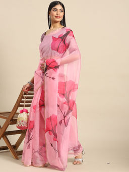 Akhilam - Womens Organza Pink Printed Celebrity Saree with Unstitched Blouse