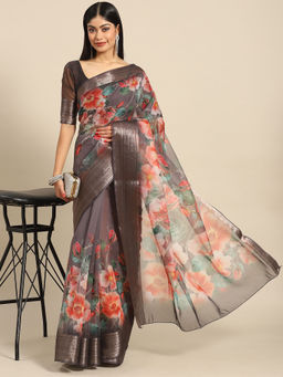 Akhilam - Womens Organza Brown Printed Celebrity Saree with Unstitched Blouse