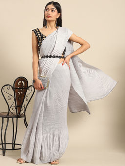Akhilam - Womens Pure Crepe Grey Solid Saree with Unstitched Blouse