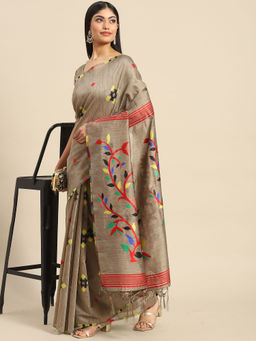 Akhilam - Womens Cotton Silk Brown Woven Designer Saree with Unstitched Blouse
