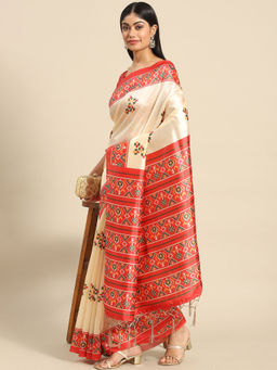 Akhilam - Womens Silk Blend Off White Digital Print Celebrity Saree with Unstitched Blouse