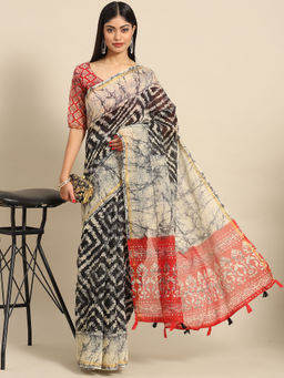 Akhilam - Womens Cotton Black Printed Designer Saree with Unstitched Blouse