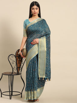 Akhilam - Womens Linen Blue Printed Designer Saree with Unstitched Blouse