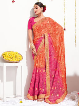Akhilam - Womens Georgette Orange Printed Celebrity Saree with Unstitched Blouse