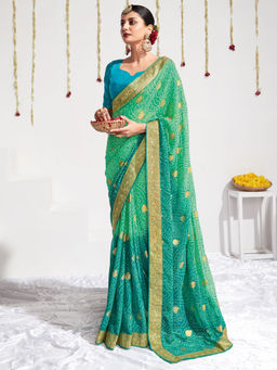 Akhilam - Womens Georgette Sea Green Printed Celebrity Saree with Unstitched Blouse