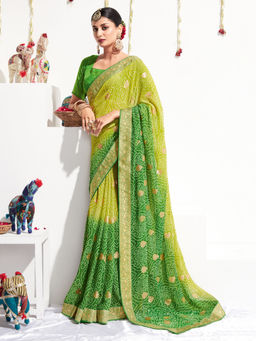 Akhilam - Womens Georgette Green Printed Celebrity Saree with Unstitched Blouse