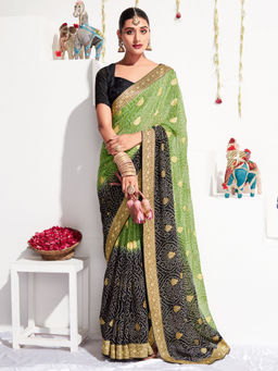 Akhilam - Womens Georgette Green Printed Celebrity Saree with Unstitched Blouse