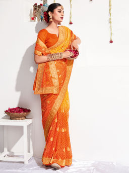 Akhilam - Womens Georgette Yellow Printed Celebrity Saree with Unstitched Blouse