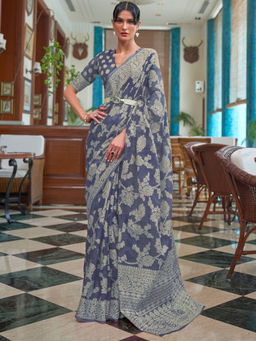 Akhilam - Womens Cotton Linen Blue Woven Designer Saree with Unstitched Blouse