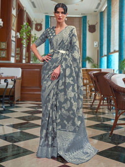 Akhilam - Womens Cotton Linen Grey Woven Designer Saree with Unstitched Blouse