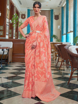 Akhilam - Womens Cotton Linen Peach Woven Designer Saree with Unstitched Blouse