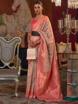 Akhilam - Womens Silk Blend Beige Woven Designer Saree with Unstitched Blouse