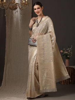 Akhilam - Womens Silk Cotton Cream Woven Designer Saree with Unstitched Blouse