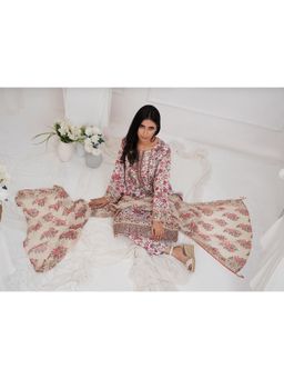 THE COTTON LAWN SHOP - Cream Unstitched Topwear with Bottomwear Fabric and Dupatta Material (Set of 3)