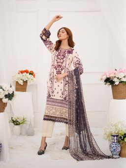 THE COTTON LAWN SHOP - Cream Unstitched Topwear with Bottomwear Fabric and Dupatta Material (Set of 3)