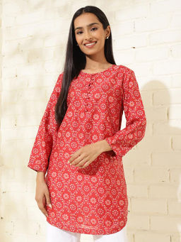 Fabindia - Red Cotton Silk Hand Floral Printed Tunic