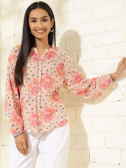 Fabindia - Peach Cotton Hand Floral Print Shirt