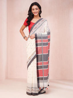 Fabindia - White Cotton Hand Printed Saree Without Blouse