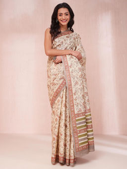 Fabindia - Beige Silk Hand Printed Saree Without Blouse