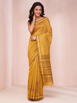 Fabindia - Mustard Cotton Silk Hand Printed Saree Without Blouse