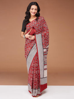 Fabindia - Red Cotton Printed Saree Without Blouse