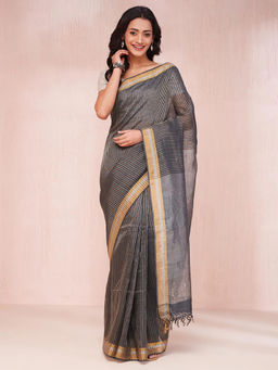 Fabindia - Navy Blue Linen Blend Hand Woven Saree Without Blouse