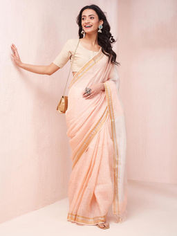 Fabindia - Orange Linen Blend Hand Woven Saree Without Blouse