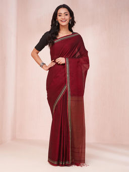 Fabindia - Maroon Cotton Hand Woven Saree Without Blouse