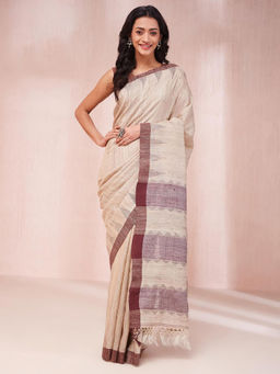 Fabindia - Beige Silk Hand Woven Saree Without Blouse