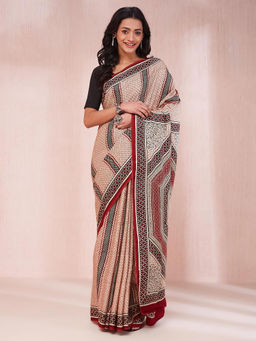 Fabindia - Maroon Viscose Blend Bagh Printed Saree Without Blouse