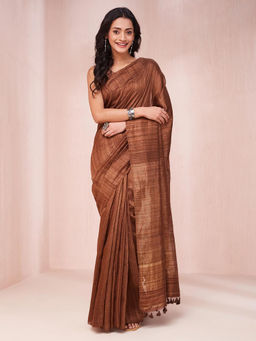 Fabindia - Brown Silk Hand Printed Saree Without Blouse