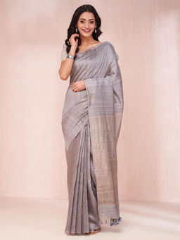 Fabindia - Grey Silk Hand Printed Saree Without Blouse