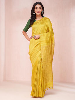 Fabindia - Yellow Silk Hand Printed Saree Without Blouse
