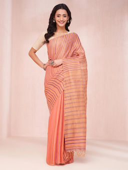 Fabindia - Orange Cotton Blend Hand Stripes Saree Without Blouse