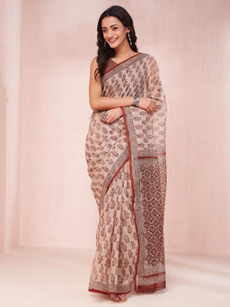 Fabindia - Beige Cotton Silk Bagri Printed Saree Without Blouse