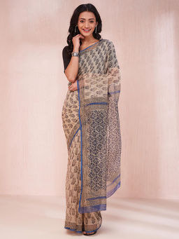 Fabindia - Blue Cotton Silk Bagri Printed Saree Without Blouse