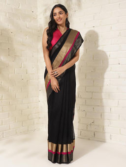 Fabindia - Black Cotton Silk Blend Maheshwari Saree Without Blouse